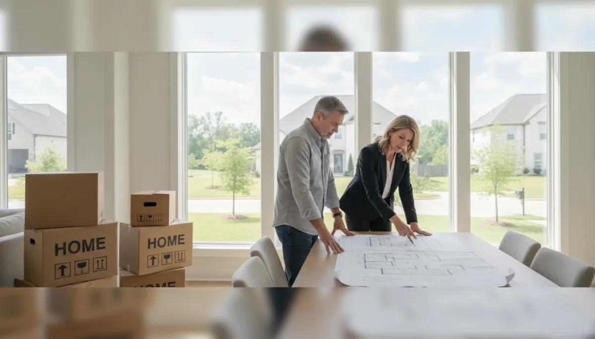 photorealistic neutral-toned Hoover Alabama empty nester couple standing in a bright, modern living room, looking at floor plans with a real estate agent, packed moving boxes neatly stacked nearby, large windows showing a tree-lined suburban street