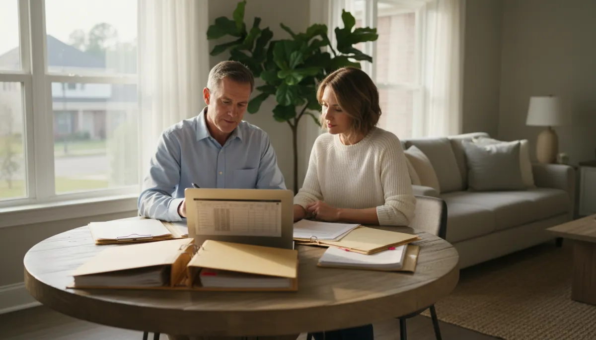 photorealistic neutral-toned living room in a Hoover AL home with soft morning light, a mature son and daughter calmly reviewing estate paperwork at a wooden table, open laptop and legal folders, subtle view of suburban neighborhood through window