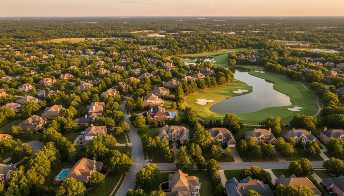 photorealistic aerial view of upscale Hoover AL neighborhoods at golden hour, showing tree-lined streets, golf course, and large brick homes with neutral color palette