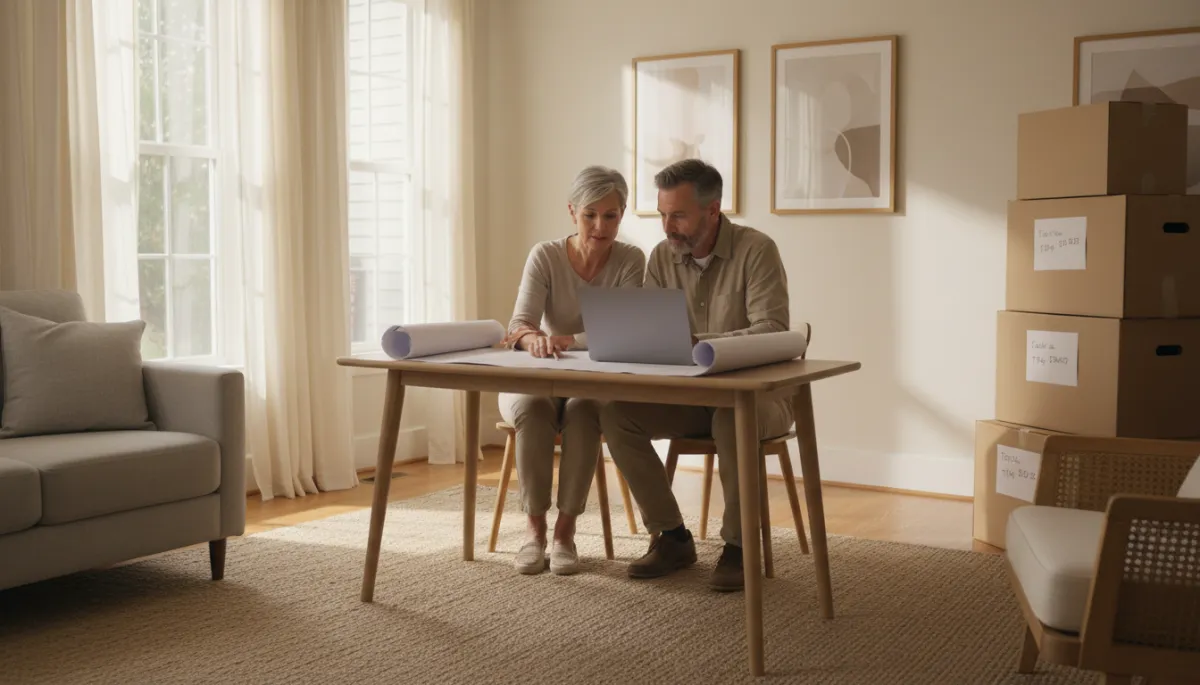 photorealistic neutral‑toned living room in a smaller Hoover Alabama home, sunlight through large windows, couple in their 50s calmly reviewing floor plans and a laptop at a simple wooden table, moving boxes neatly stacked in the corner