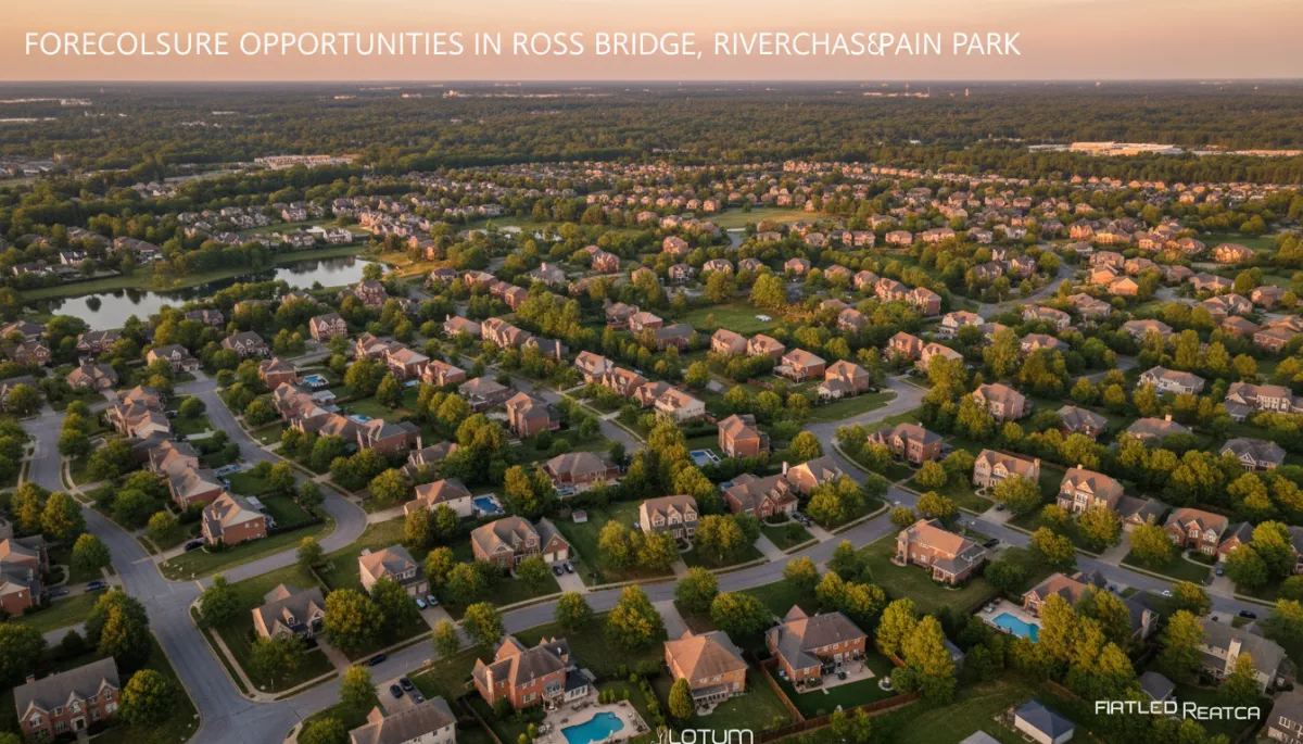 photorealistic aerial view of a quiet upscale Hoover Alabama subdivision at sunset, mix of brick homes and tree-lined streets, neutral color palette, subtle text overlay about foreclosure opportunities in Ross Bridge Riverchase and Spain Park