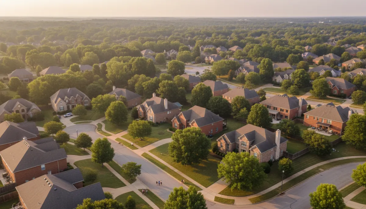 photorealistic aerial view of a tree-lined Hoover Alabama neighborhood at golden hour, mix of brick single-family homes, cul-de-sacs, sidewalks with families walking dogs, neutral color palette, soft natural light