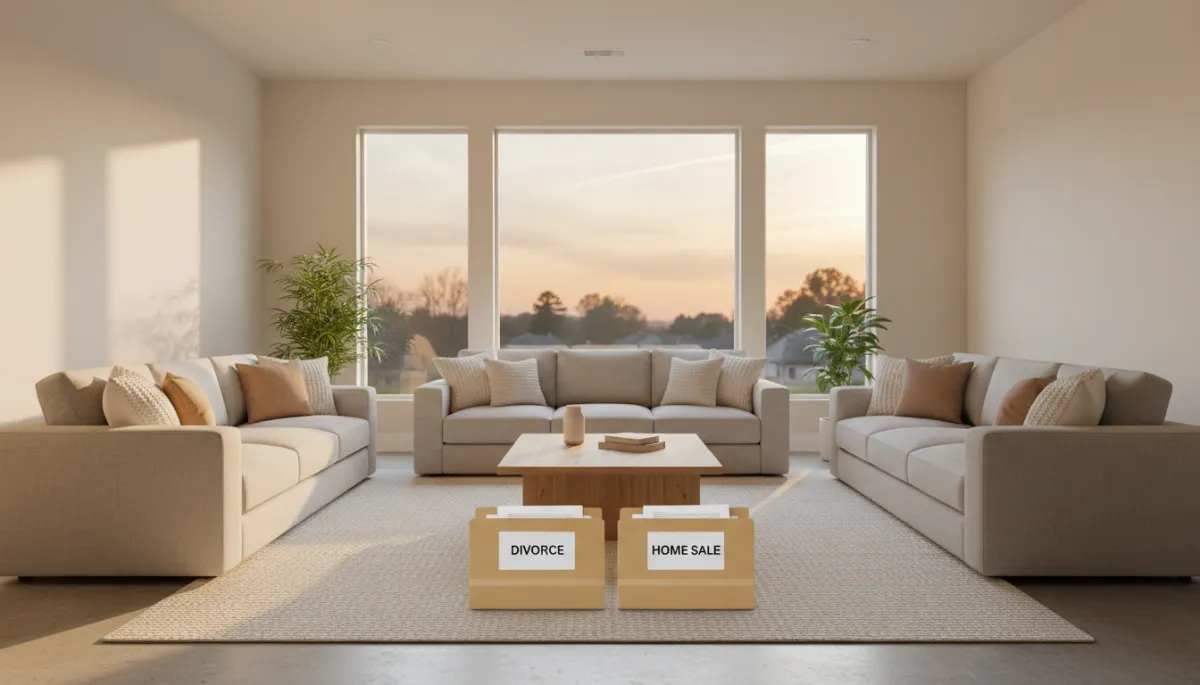 photorealistic neutral-toned living room in a Hoover Alabama home at sunset, two folders labeled divorce and home sale on a coffee table, soft natural light, calm atmosphere