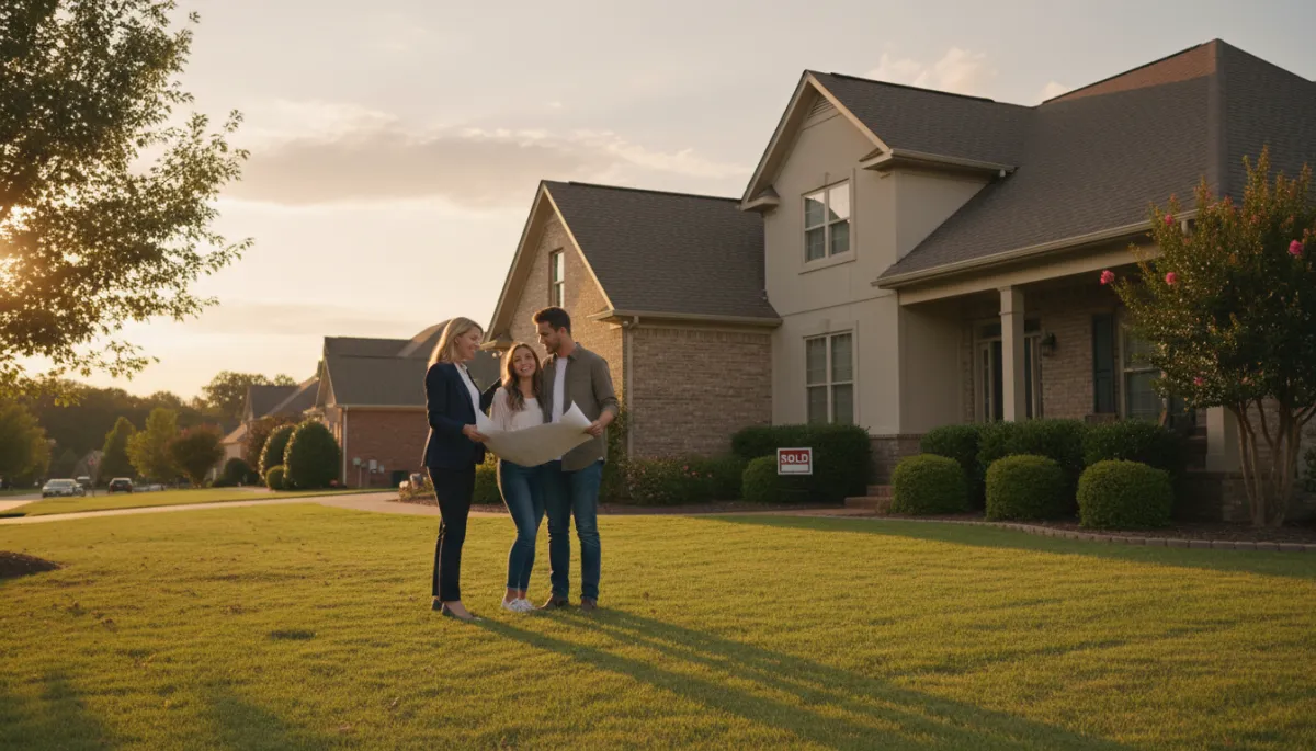 photorealistic neutral-toned suburban Hoover Alabama home at sunset with For Sale sign being replaced by confident real estate agent and hopeful homeowners discussing strategy on front lawn