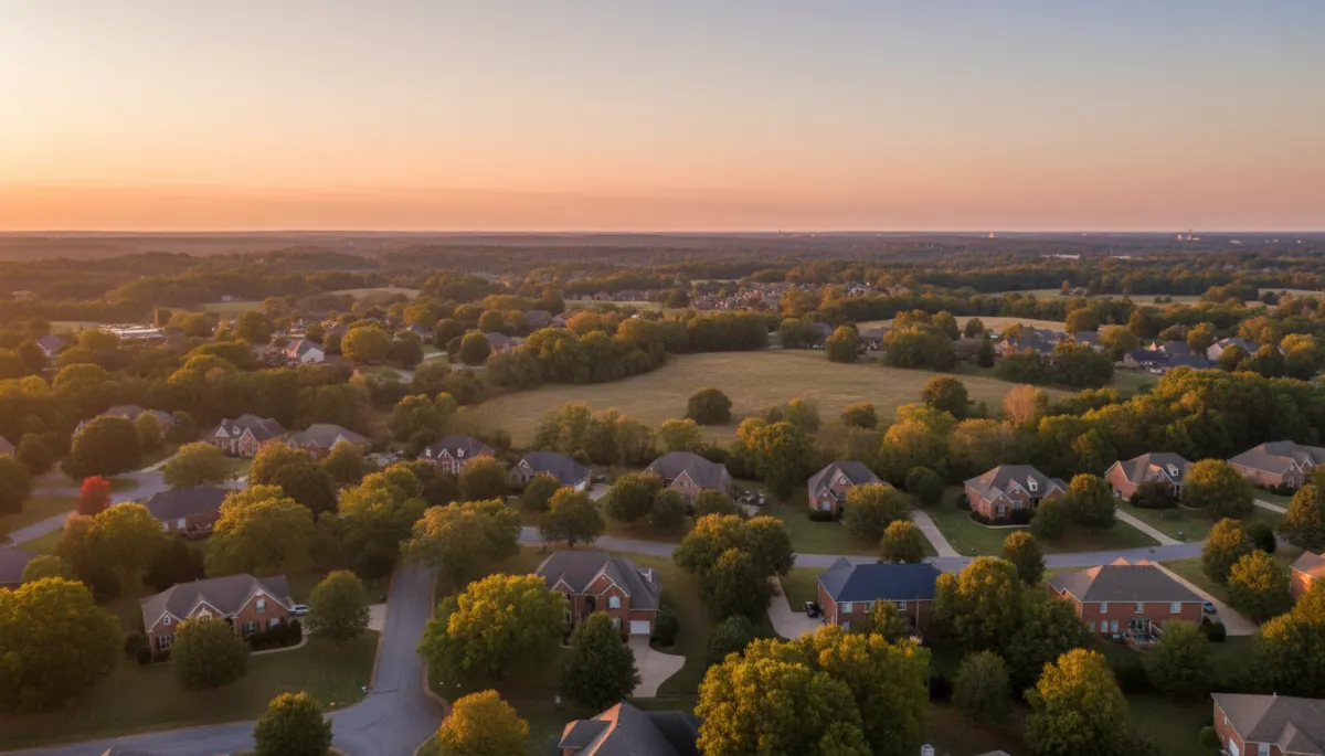 photorealistic aerial sunset view of a Hoover Alabama neighborhood with tree-lined streets, brick homes, and gentle hills, neutral color palette, soft golden light