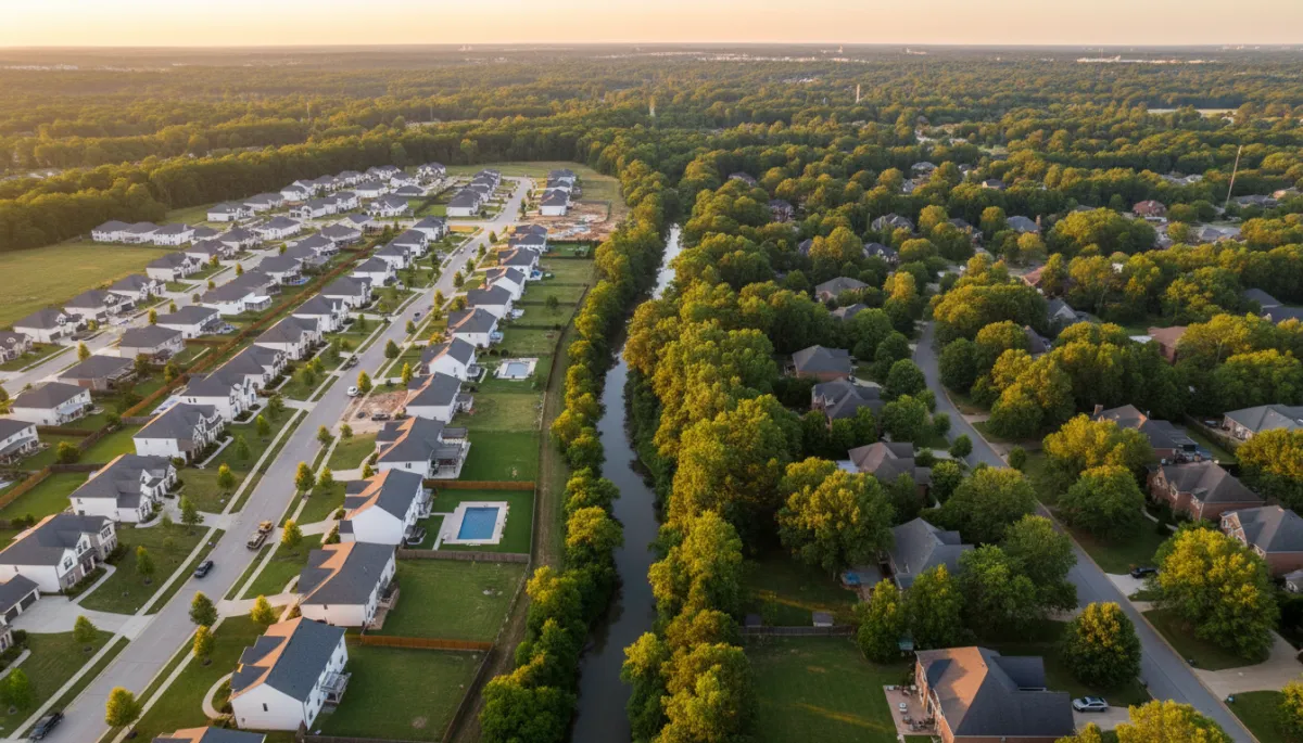 photorealistic aerial view at golden hour of two contrasting Hoover Alabama neighborhoods side by side, one with newly built homes and fresh landscaping, the other with mature trees and established homes, neutral color palette, clear sky