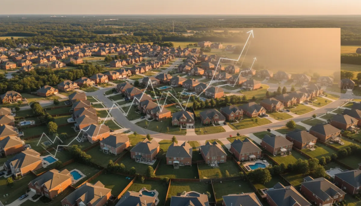 photorealistic aerial view of a Hoover Alabama neighborhood at golden hour, neutral color palette, modern brick homes, subtle financial icons like faint overlay of graphs and arrows suggesting growth, clean text overlay area in sky