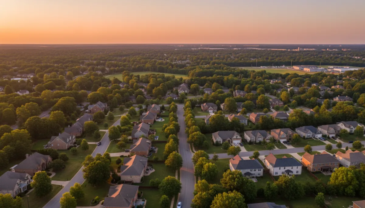 photorealistic aerial view of a Hoover AL neighborhood at sunset showing tree-lined streets, mix of older character homes and newer patio homes, neutral color palette, soft warm light