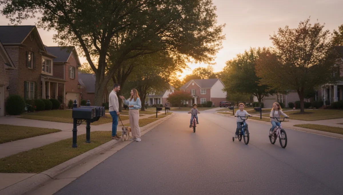 photorealistic family neighborhood scene at sunset, kids riding bikes on a quiet Hoover Alabama cul-de-sac, parents chatting by mailboxes, sidewalks, mature trees, neutral color palette, warm natural light