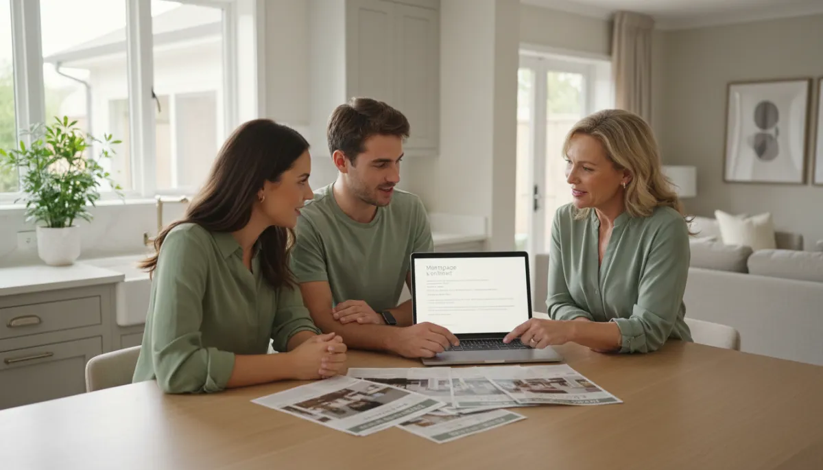 photorealistic home buying scene of a young couple sitting at a neutral-toned kitchen island with a local Hoover AL real estate agent, reviewing printed home listings and a laptop showing a mortgage pre-approval letter, soft natural daylight and calm, modern decor