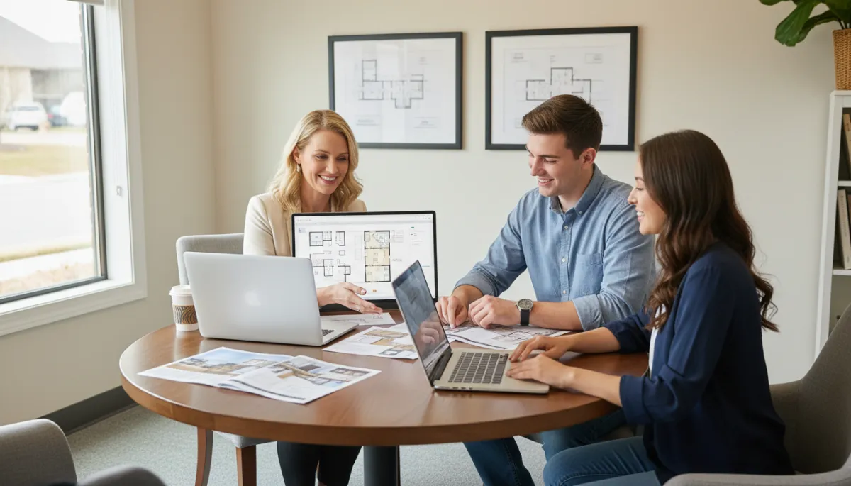 photorealistic professional consultation scene in a neutral-toned Hoover Alabama real estate office, friendly agent and young couple seated at a round table with laptops and printed listings, soft natural light, calm welcoming atmosphere
