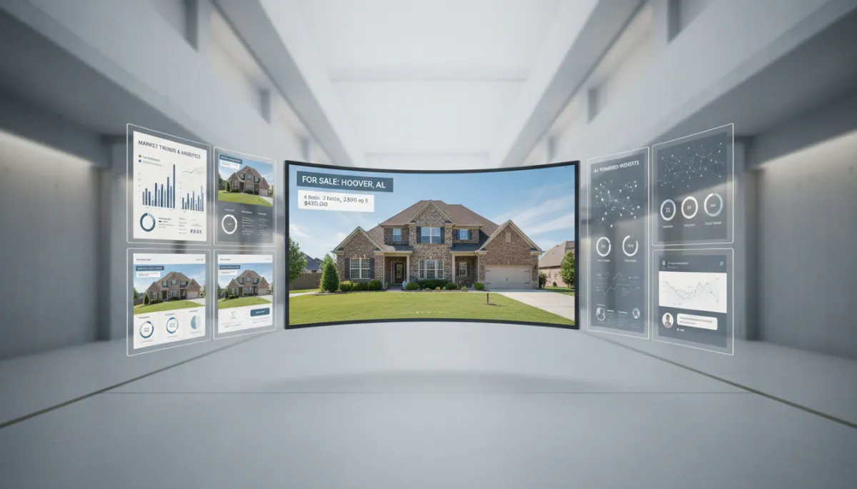 photorealistic tech marketing scene showing a Hoover AL home listing displayed on multiple screens with analytics dashboards, social media ads, and AI tools around it, neutral color palette