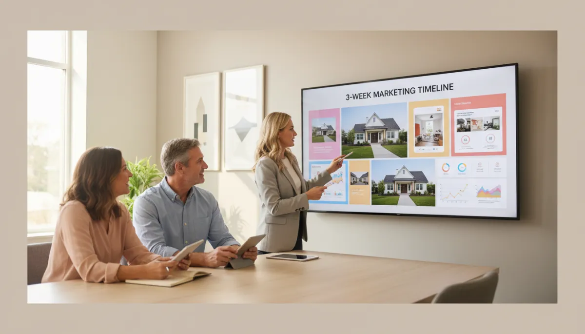 photorealistic professional marketing scene of a Hoover Alabama home listing strategy meeting in a bright neutral-toned office, large screen showing a 3-week marketing timeline with photos, social media ads, and analytics dashboards, agent and sellers reviewing the plan together