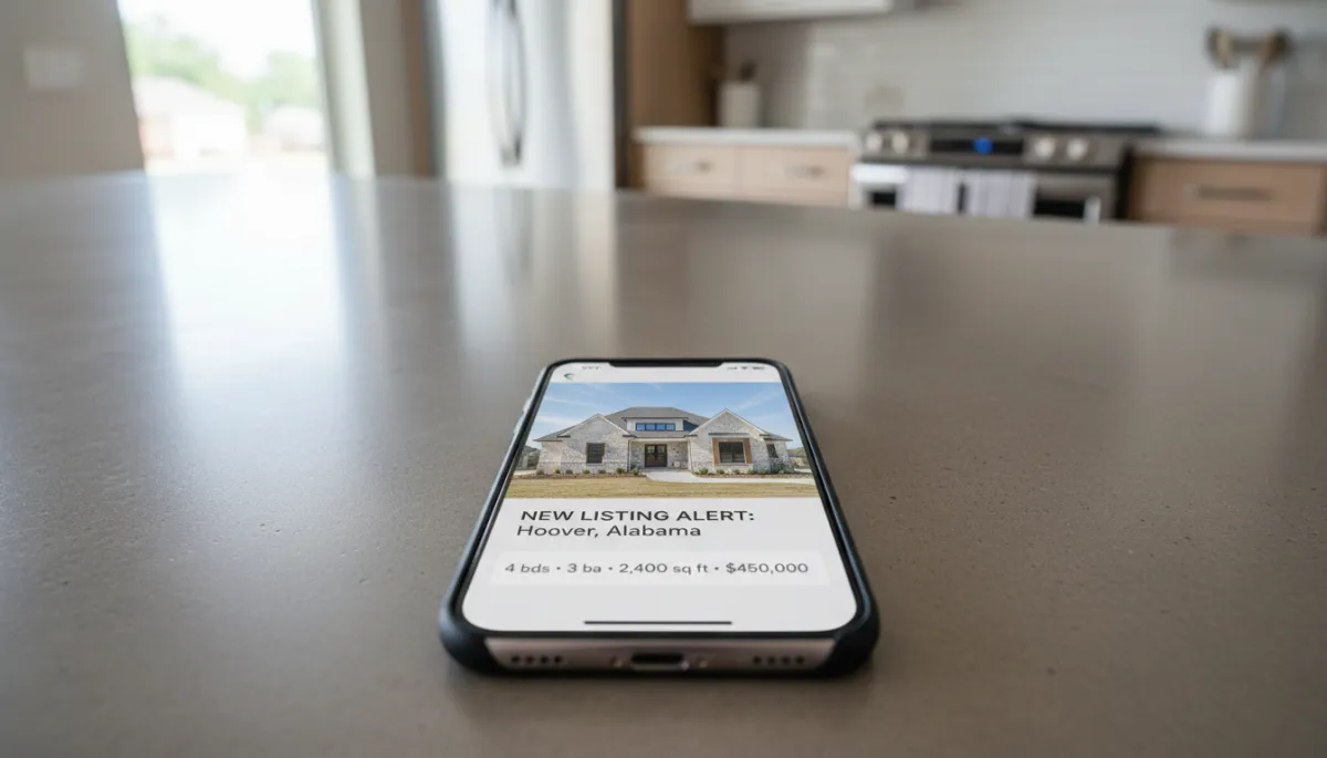 photorealistic phone notification home, neutral colors, close-up of a smartphone on a kitchen counter showing a new home listing alert for a Hoover Alabama property, soft natural light, subtle background of a modern home interior
