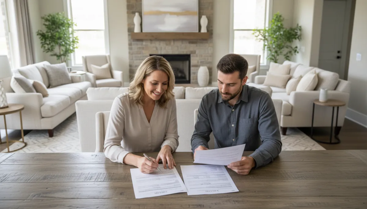 photorealistic neutral-toned living room in a Hoover Alabama home, seller and real estate advisor reviewing two printed offers at a wooden dining table, soft natural light, calm professional mood