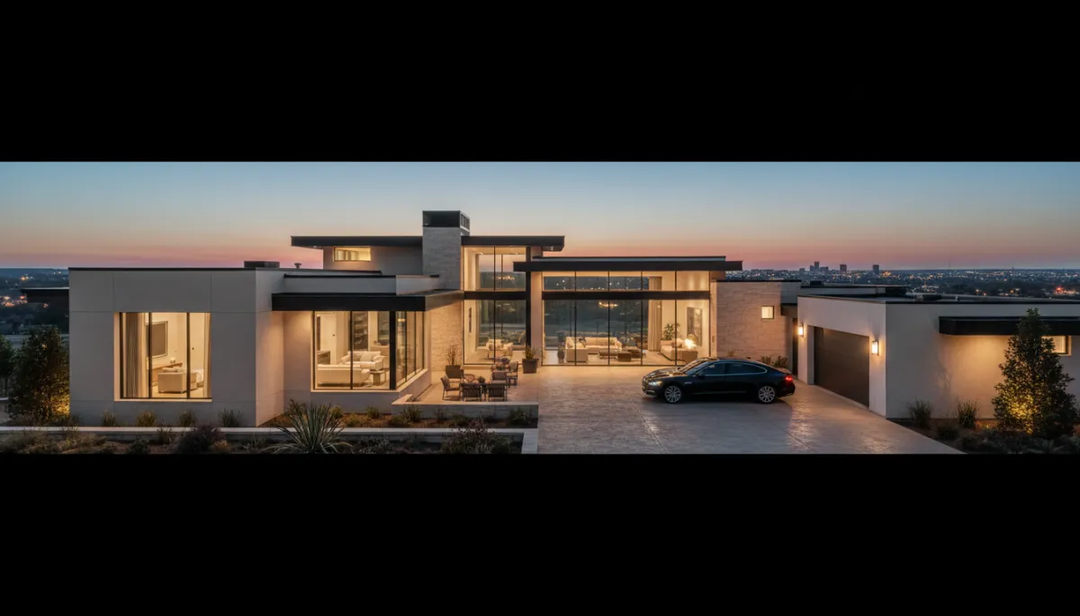 photorealistic exclusive luxury neutral-toned Hoover Alabama luxury home at twilight, subtle city lights in background, sleek black sedan in driveway, elegant modern architecture with warm interior glow, soft depth of field