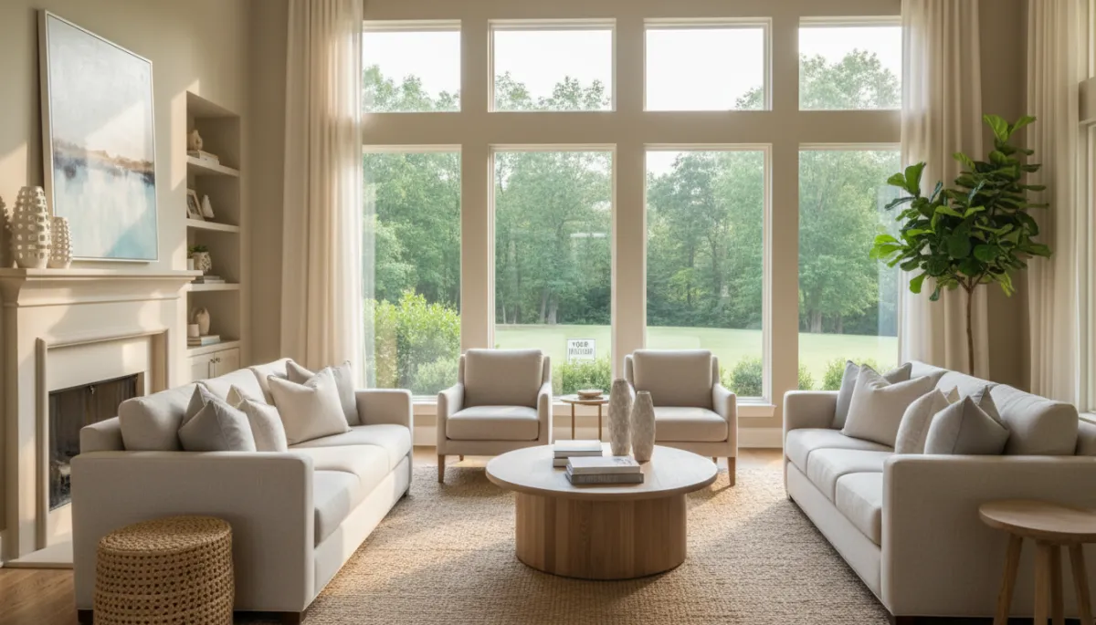 photorealistic neutral-toned living room in an upscale Hoover AL home, large windows, tasteful staging, subtle For Sale sign visible outside, soft afternoon light