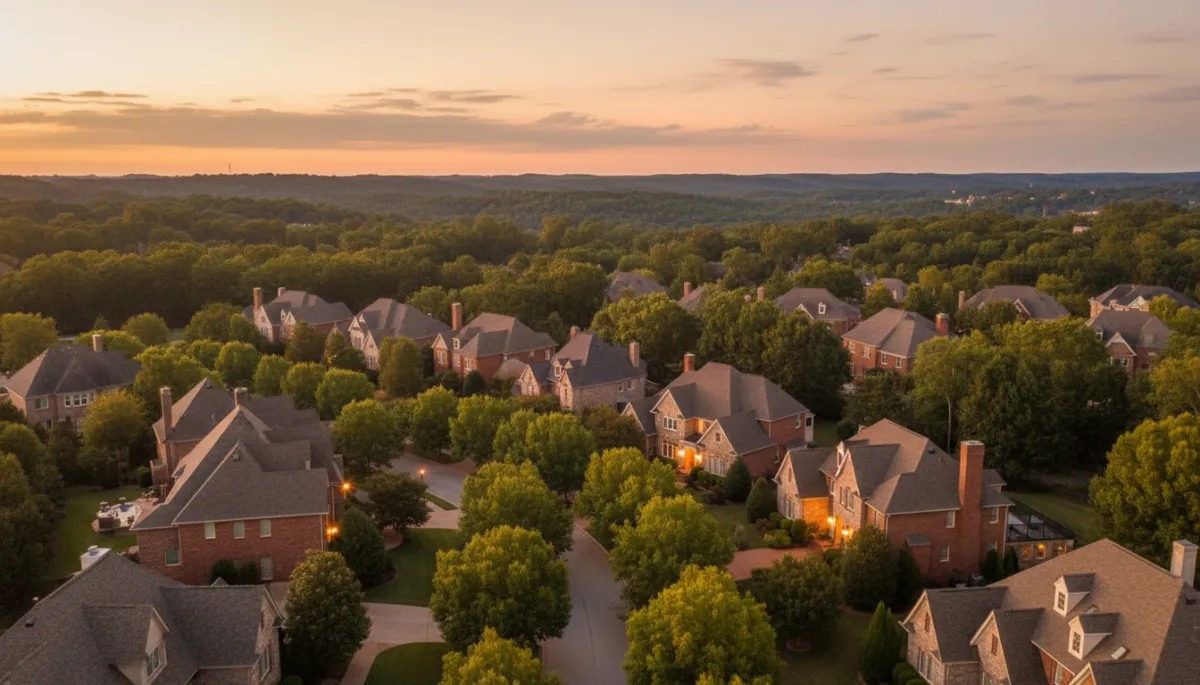 photorealistic twilight aerial of an upscale Hoover Alabama neighborhood with large brick and stone homes, warm golden porch lights, tree-lined streets, gentle hills in the background, soft Southern sunset sky in peach and gold tones