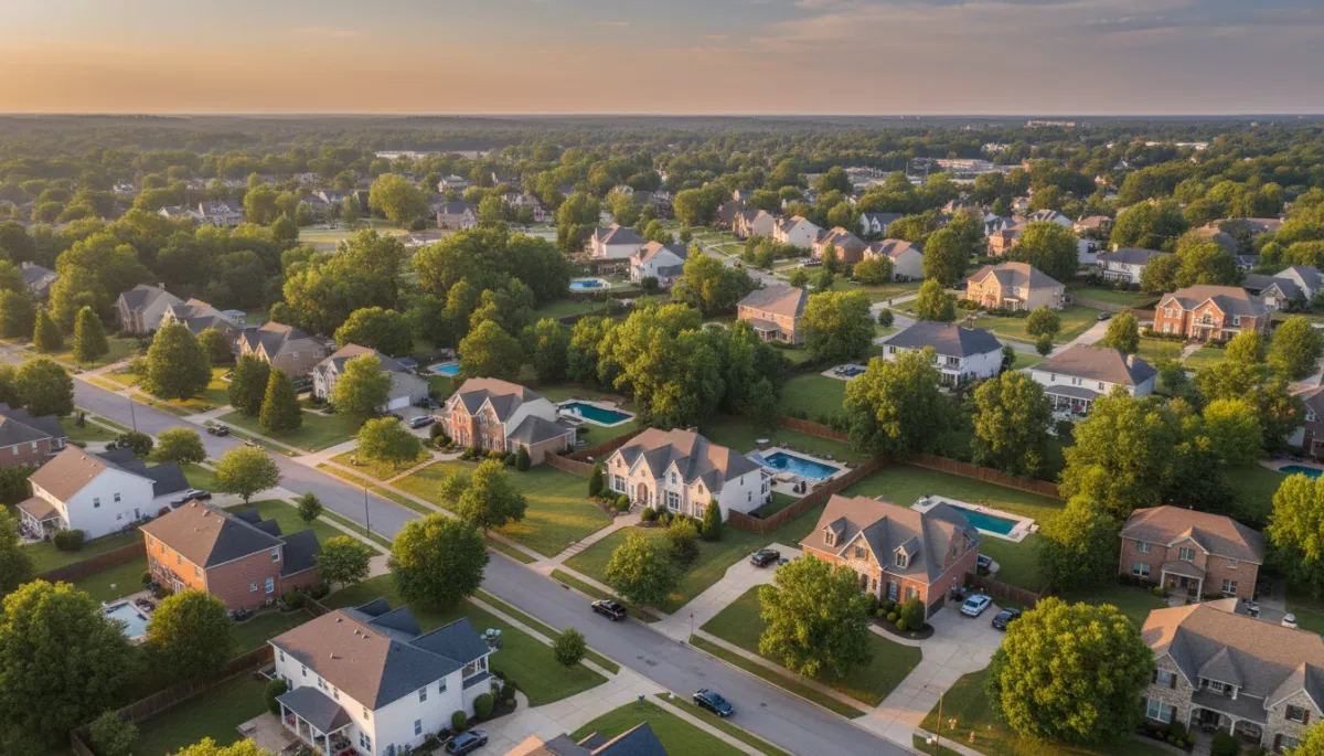photorealistic aerial view of a quiet Hoover Alabama neighborhood at golden hour, mix of Ross Bridge style homes and older Bluff Park houses, soft neutral color palette, subtle text overlay area in the sky