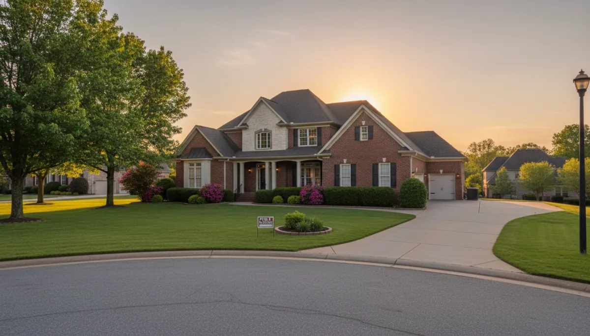 photorealistic neutral-toned exterior of a well-kept Ross Bridge style brick home at sunset, discreet For Sale By Owner sign in the yard, quiet Hoover Alabama cul-de-sac, soft natural lighting