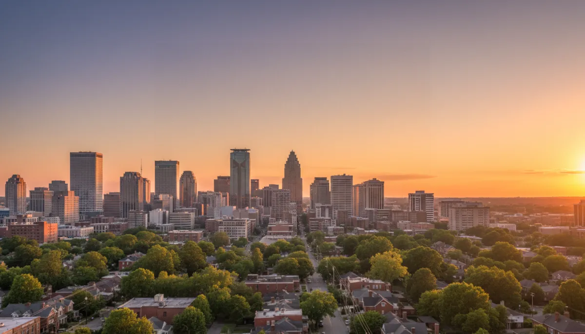 photorealistic Birmingham Alabama skyline neighborhood at sunset, mix of downtown towers and leafy residential streets in neutral tones, subtle text overlay area in sky