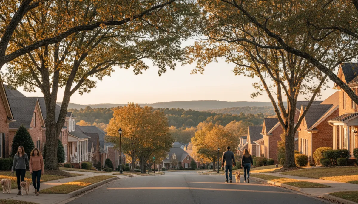 photorealistic Hoover Alabama suburb at golden hour, tree-lined street with brick homes, families walking dogs, distant rolling hills, soft neutral color palette