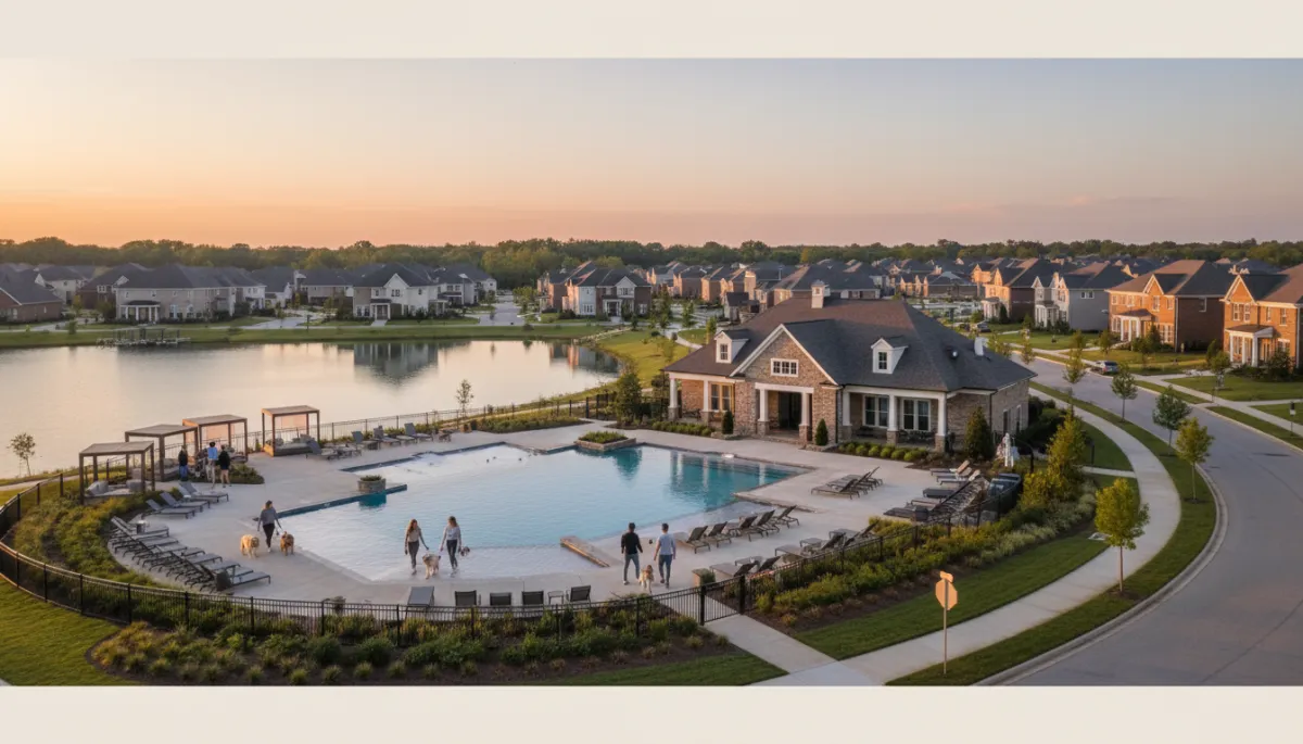 photorealistic new construction community in Hoover Alabama at sunset, neutral color palette, lakefront clubhouse with resort-style pool, sidewalks and young families walking dogs, soft warm lighting on new brick homes