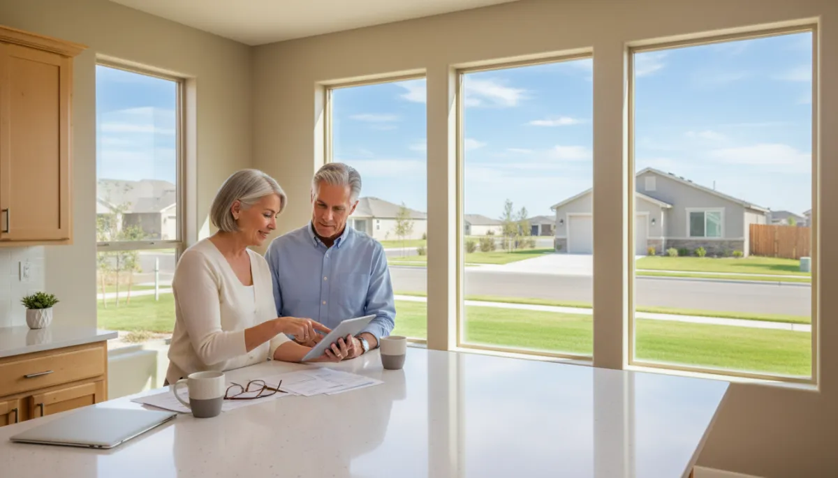 photorealistic active adult couple in their early 60s reviewing financial documents at a kitchen island in a bright neutral-toned patio home, view through windows shows a quiet 55+ community street with well-kept lawns and sidewalks
