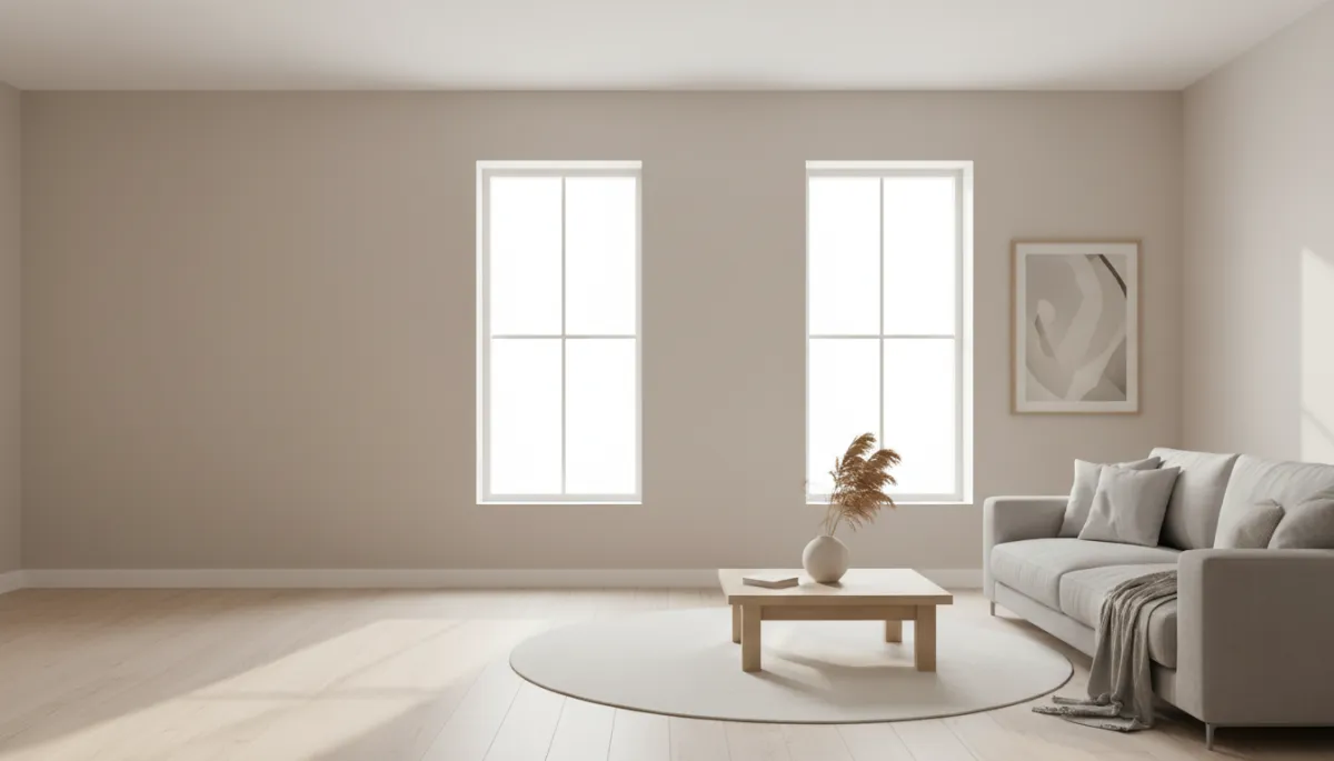 photorealistic home staging of a bright, neutral-toned living room in a Hoover Alabama style home, light beige walls, soft gray sofa, minimal decor, natural light streaming through large windows, text overlay space on left side