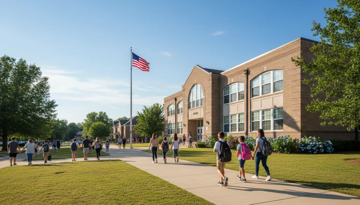 photorealistic school building in a Birmingham Alabama suburb on a sunny day, neutral color brick, American flag, parents and students walking on sidewalk