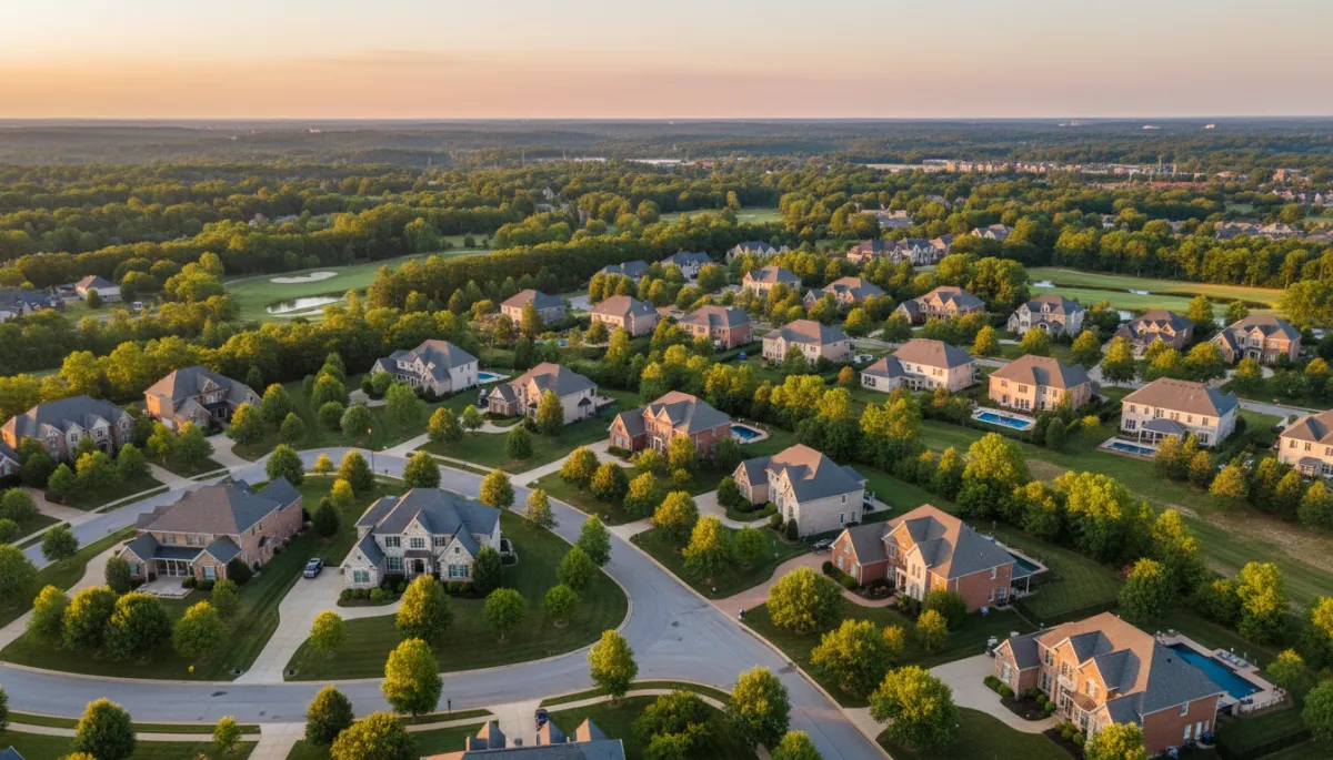 photorealistic aerial view of an upscale Hoover Alabama neighborhood at golden hour, tree-lined streets, brick homes with manicured lawns, neutral color palette, soft warm light