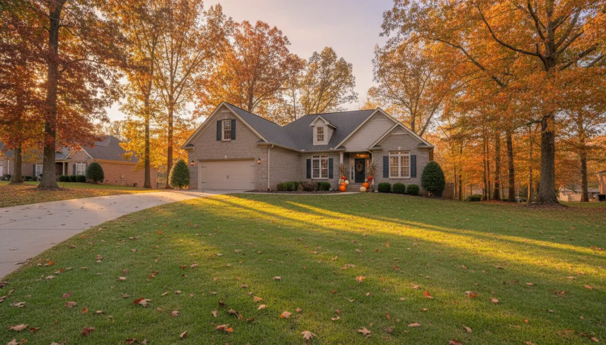 photorealistic neutral-toned Hoover Alabama brick home on a quiet cul-de-sac, late afternoon fall light, trees with orange and gold leaves, tidy lawn and front porch with simple autumn decor