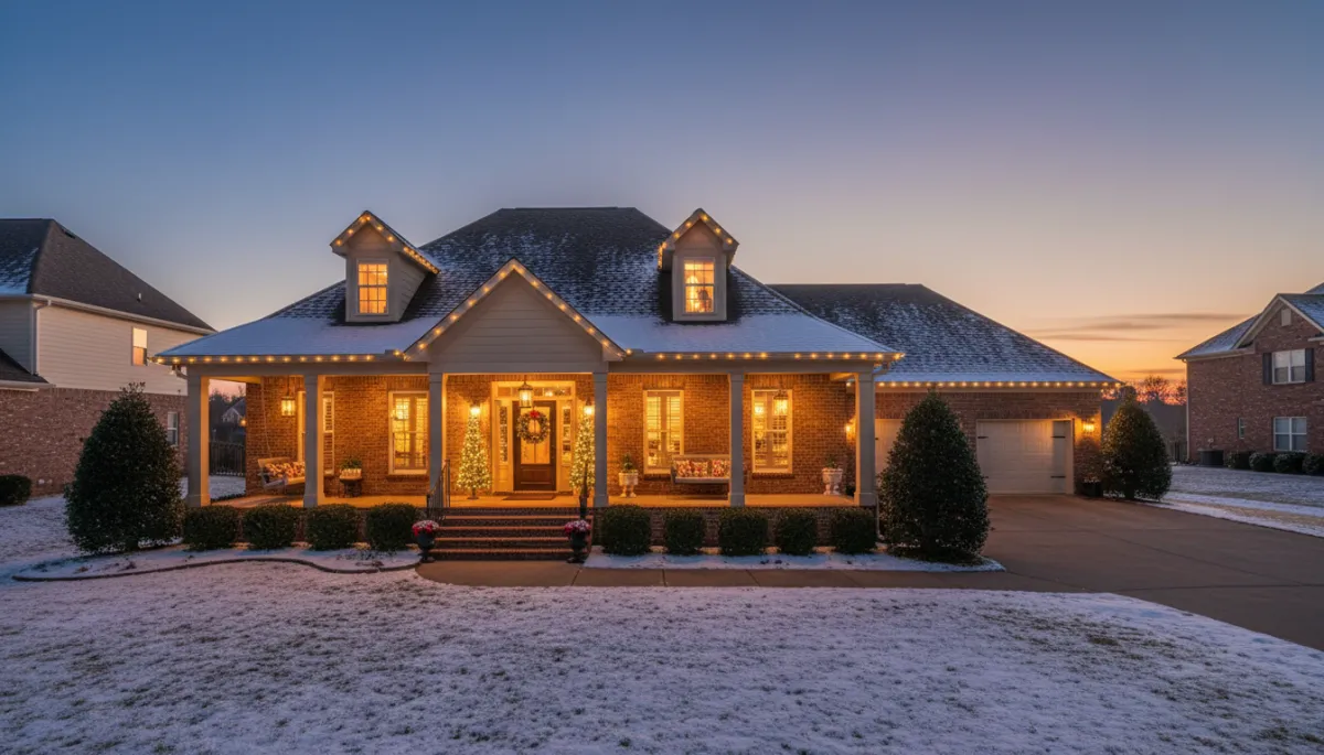 photorealistic warm evening scene of a brick Hoover Alabama suburban home with soft Christmas lights, light dusting of snow on lawn and roof, glowing windows, quiet cul-de-sac, welcoming Southern front porch