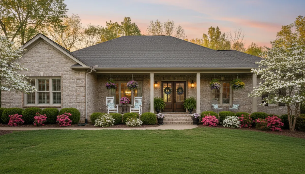 photorealistic neutral-toned Southern brick home in Hoover Alabama with fresh spring landscaping, soft evening light, tasteful front porch staging with rocking chairs and potted flowers