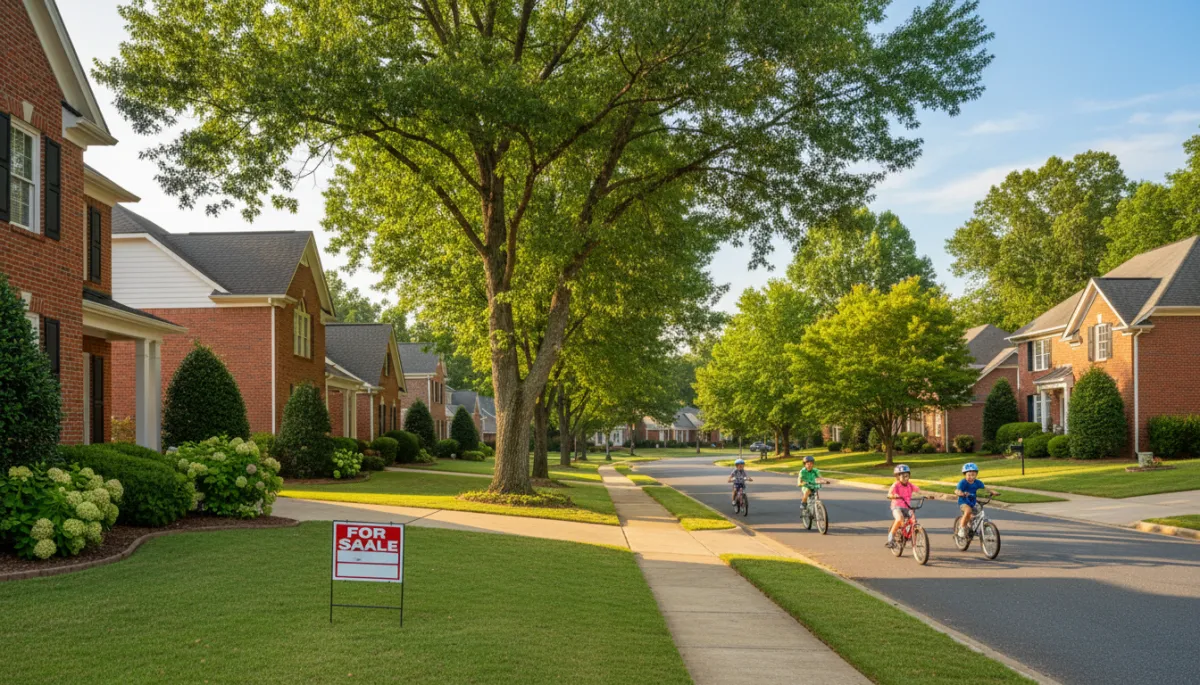 photorealistic sunny green suburban Hoover Alabama street with brick homes, mature trees, kids riding bikes, and a for-sale sign in a well-kept front yard