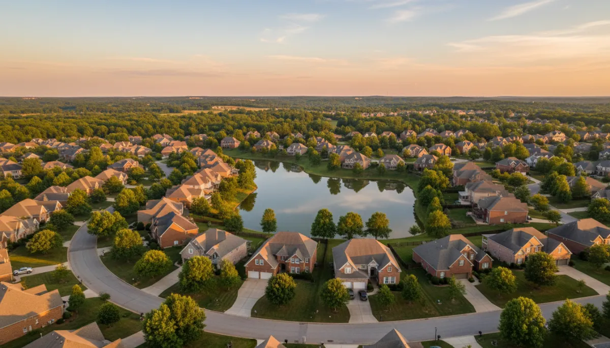 photorealistic aerial view of Lake Cyrus neighborhood at golden hour, calm lake surrounded by upscale brick homes, tree-lined streets, gentle hills, neutral color palette with soft sunlight and clear sky