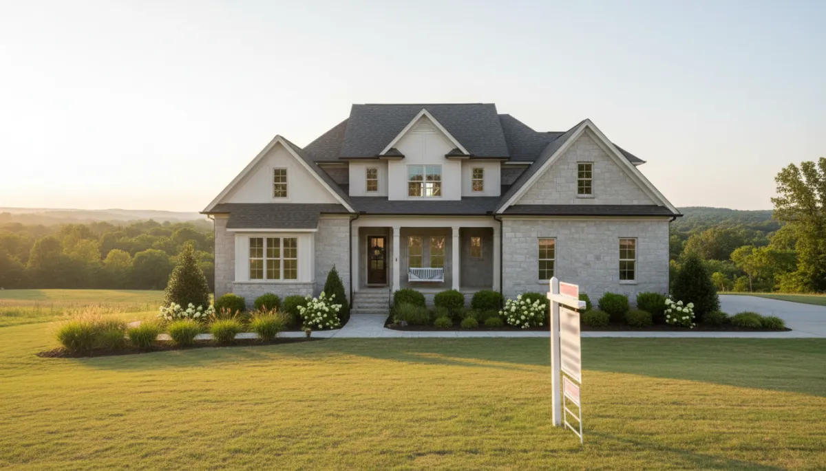 photorealistic neutral-toned beautifully staged Hoover Alabama single-family home at golden hour, fresh landscaping, welcoming front porch, FOR SALE sign in the yard, subtle view of rolling hills and mature trees in background