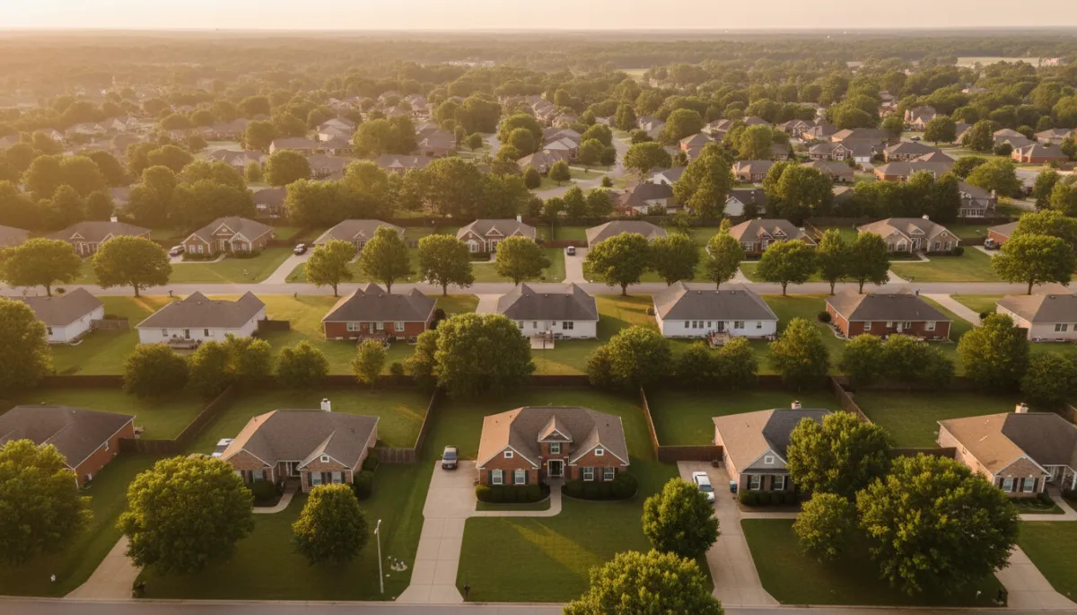 photorealistic aerial view of a quiet Hoover Alabama subdivision at golden hour, brick and siding single family homes with manicured lawns, tree-lined streets, neutral color palette, soft natural light