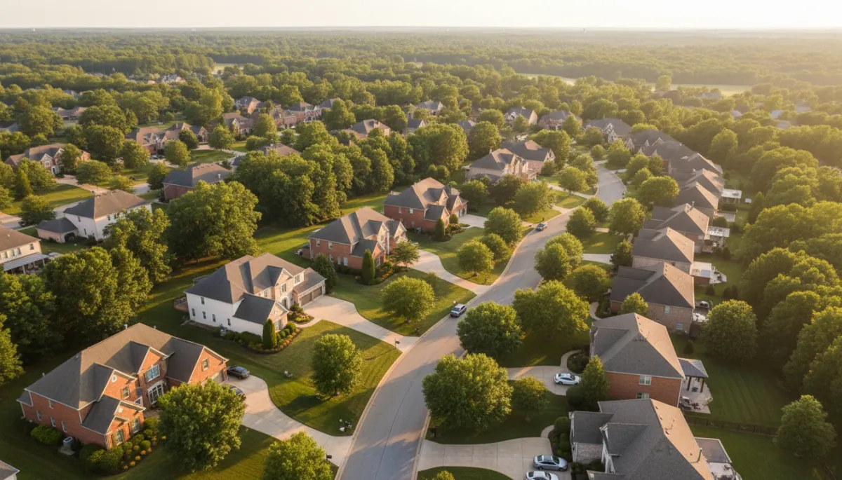 photorealistic aerial view of a quiet upscale suburban neighborhood in Hoover Alabama at golden hour, brick and siding homes with manicured lawns, tree-lined streets, soft neutral color palette
