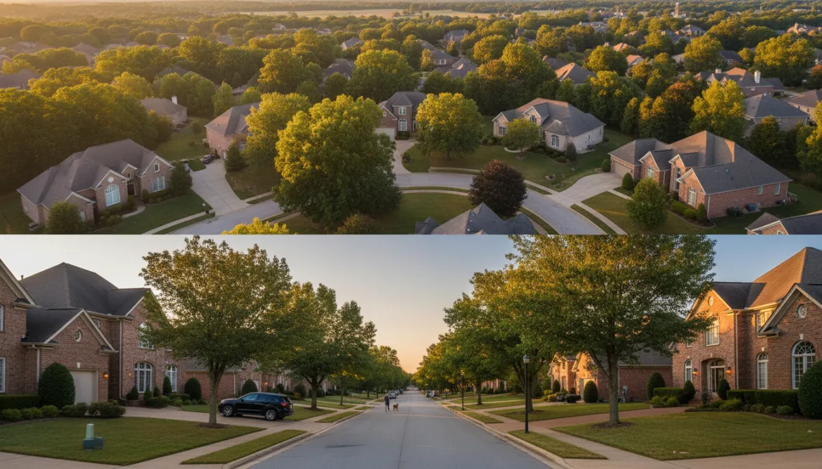 photorealistic aerial and street-level view of an upscale Inverness Hoover AL neighborhood at golden hour, tree-lined streets, brick executive homes with side-entry garages, gentle hills and mature hardwoods, neutral color palette