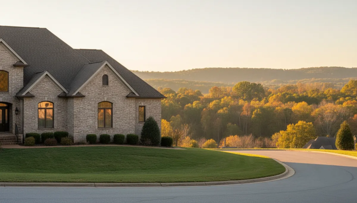photorealistic neutral-toned brick home in Hoover Alabama at golden hour, manicured lawn, quiet cul-de-sac, subtle hills and mature trees in background, soft natural lighting