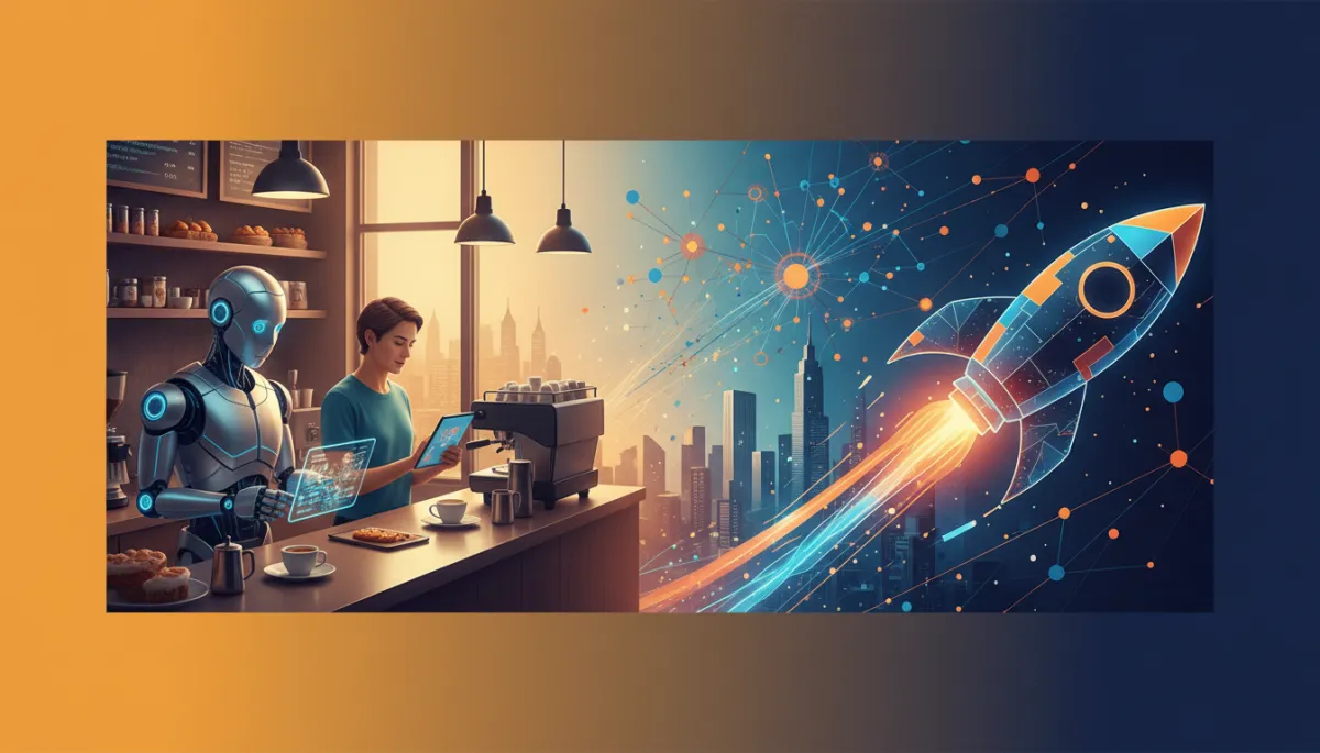 Add some images [Brand guidelines: use brand color palette #ed8b00, #1976d3, #004392]. Context: This is for a blog post about "Why Small Businesses Need to Adopt AI or Get Left Behind". Style: Professional quality, photorealistic, high resolution