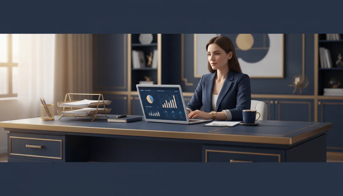 photorealistic confident entrepreneur at a modern navy-and-gold accented desk, open laptop displaying a new business dashboard, paperwork neatly organized, soft daylight in a contemporary office