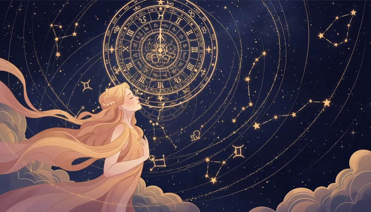 beautiful mystical astrology illustration in deep navy, warm gold, and soft peach, showing a starry sky with a glowing zodiac wheel, a subtle clock face overlaid, and a serene figure gazing upward as constellations spiral forward in time