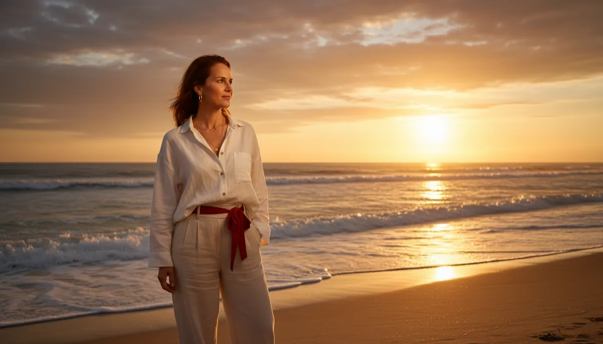 photorealistic warm-toned scene of a woman in her late 40s standing in soft golden sunset light on a quiet beach, gentle waves behind her, wearing relaxed neutral clothing with subtle accents in Heart Red and Gold, looking contemplative yet hopeful toward the horizon, sky glowing with Sand Gold, Orange Sky, and hints of Night Sky tones