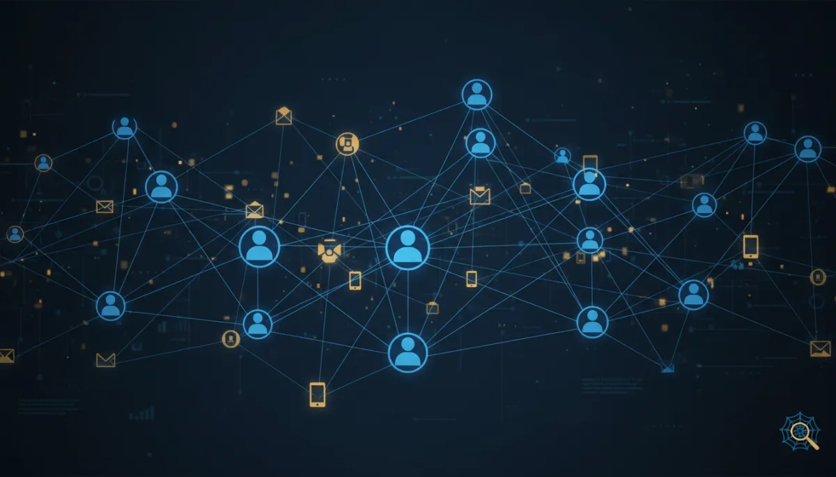 Clean data visualization of an identity graph made of glowing blue #1d79c7 and gold nodes labeled with people, emails, phone numbers, and devices, all connected by thin lines on a dark background, subtle LeadSpyder logo in corner