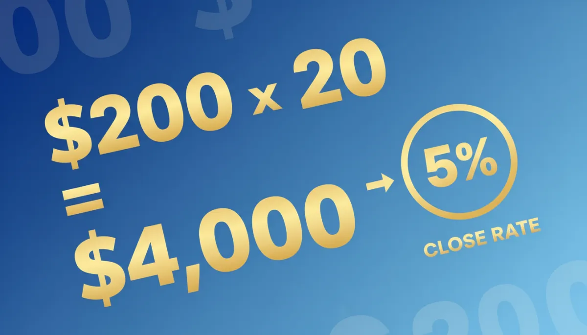 Infographic showing $200 solar lead cost times 20 leads equals $4,000 customer acquisition cost