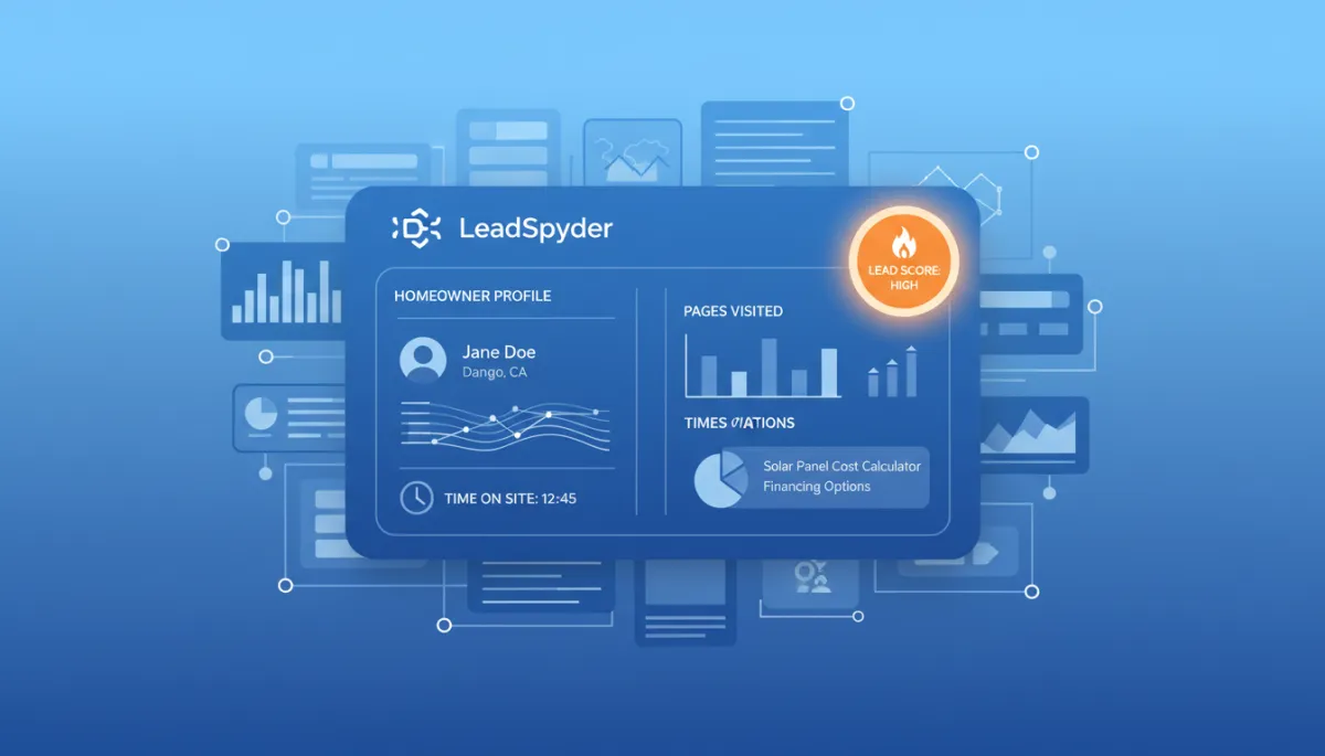 LeadSpyder dashboard showing a solar homeowner profile with pages visited and lead score