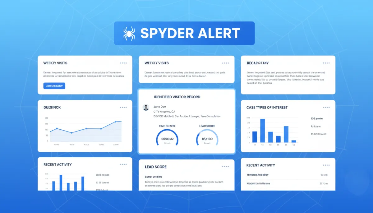 LeadSpyder dashboard showing an identified PI website visitor and SpyderAlert