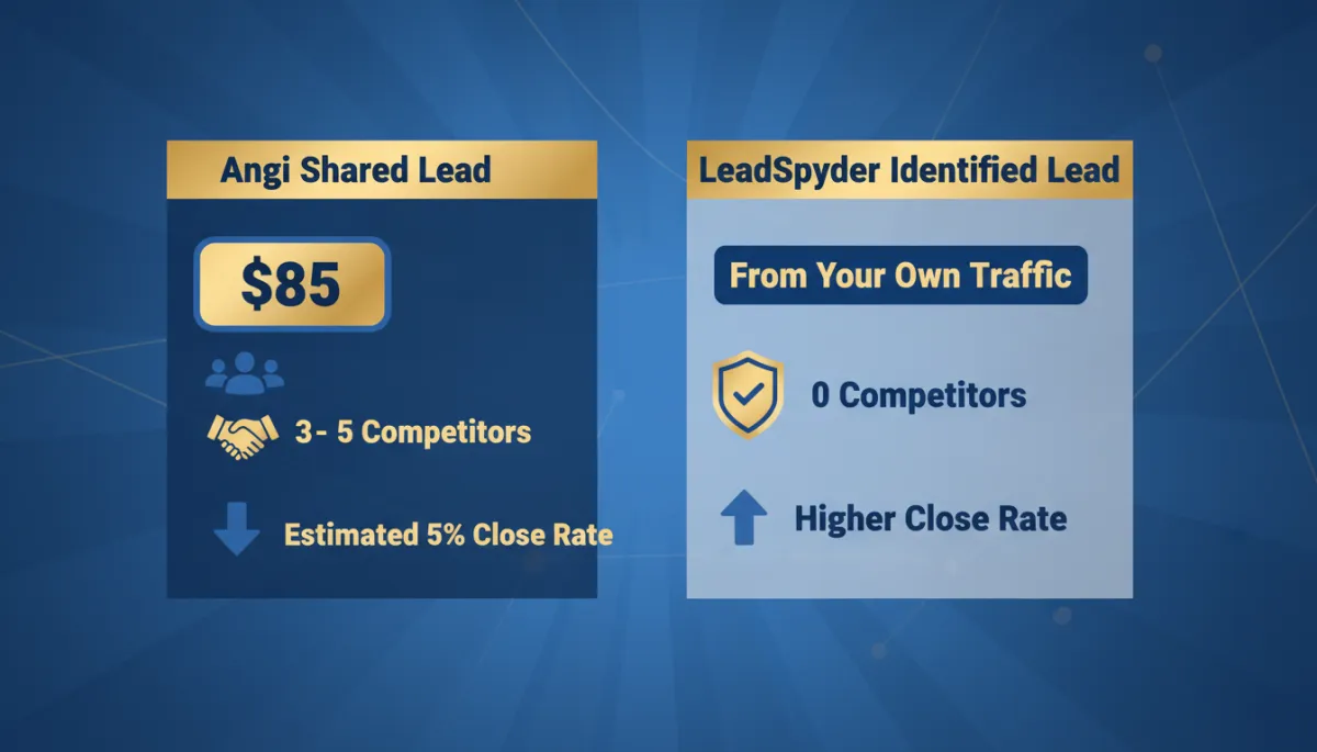 Clean two-column cost comparison graphic: left side titled 'Angi Shared Lead' with $85 cost, 3–5 competitors, and an estimated 5% close rate; right side titled 'LeadSpyder Identified Lead' with 'from your own traffic', 0 competitors, and clearly labeled 'higher close rate', all in LeadSpyder blue #1d79c7 and gold accents, bold typography, minimal icons